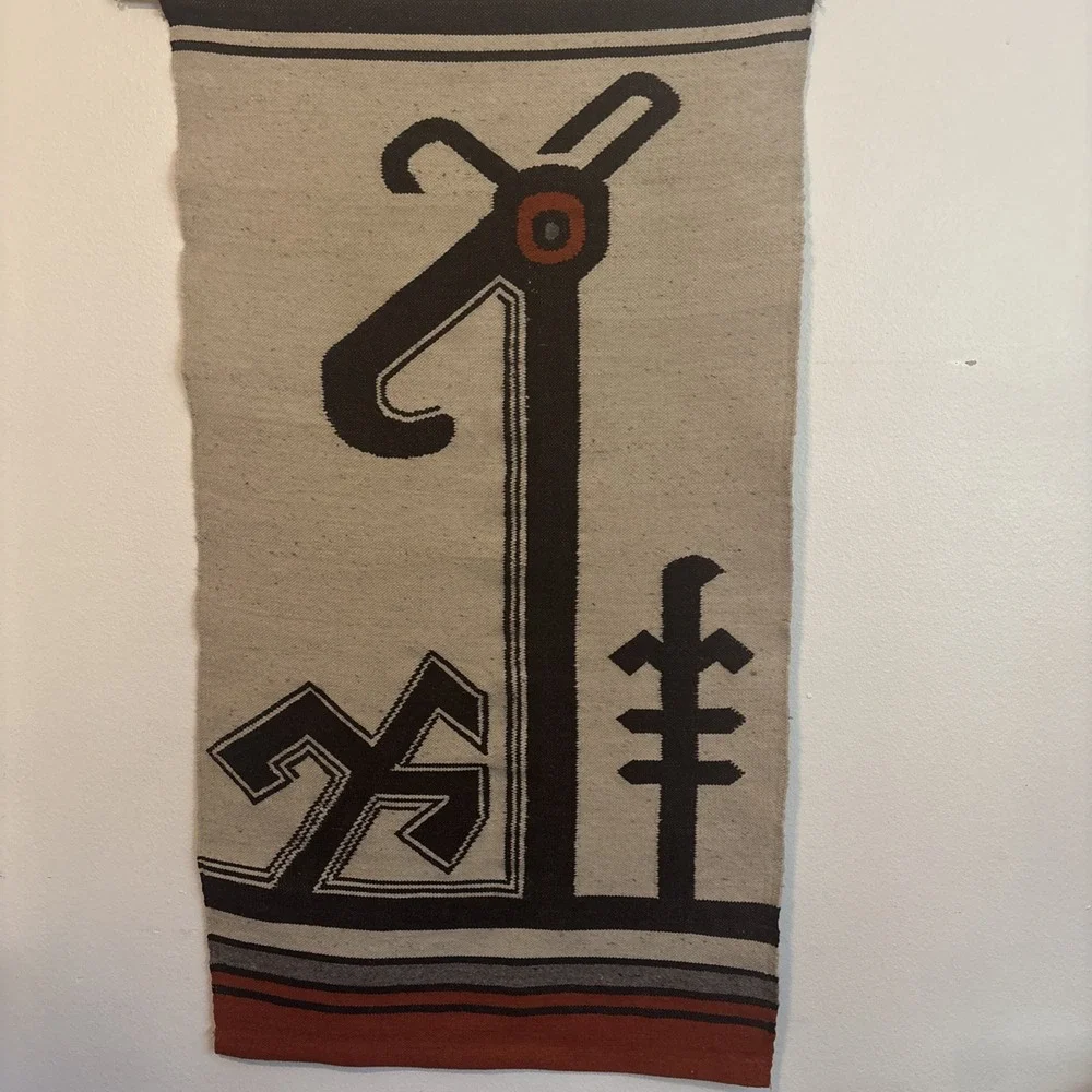 Vtg Boho Navajo Wool Woven Tapestry Yei Figures Bird Wall Hanging Rug